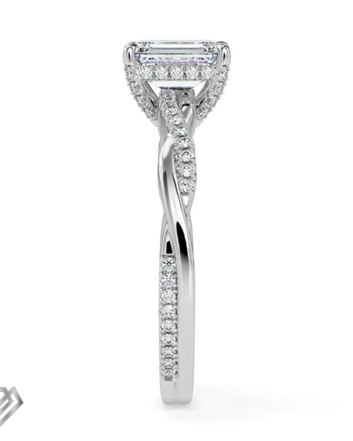 Pave lab diamond ring emerald cut stone