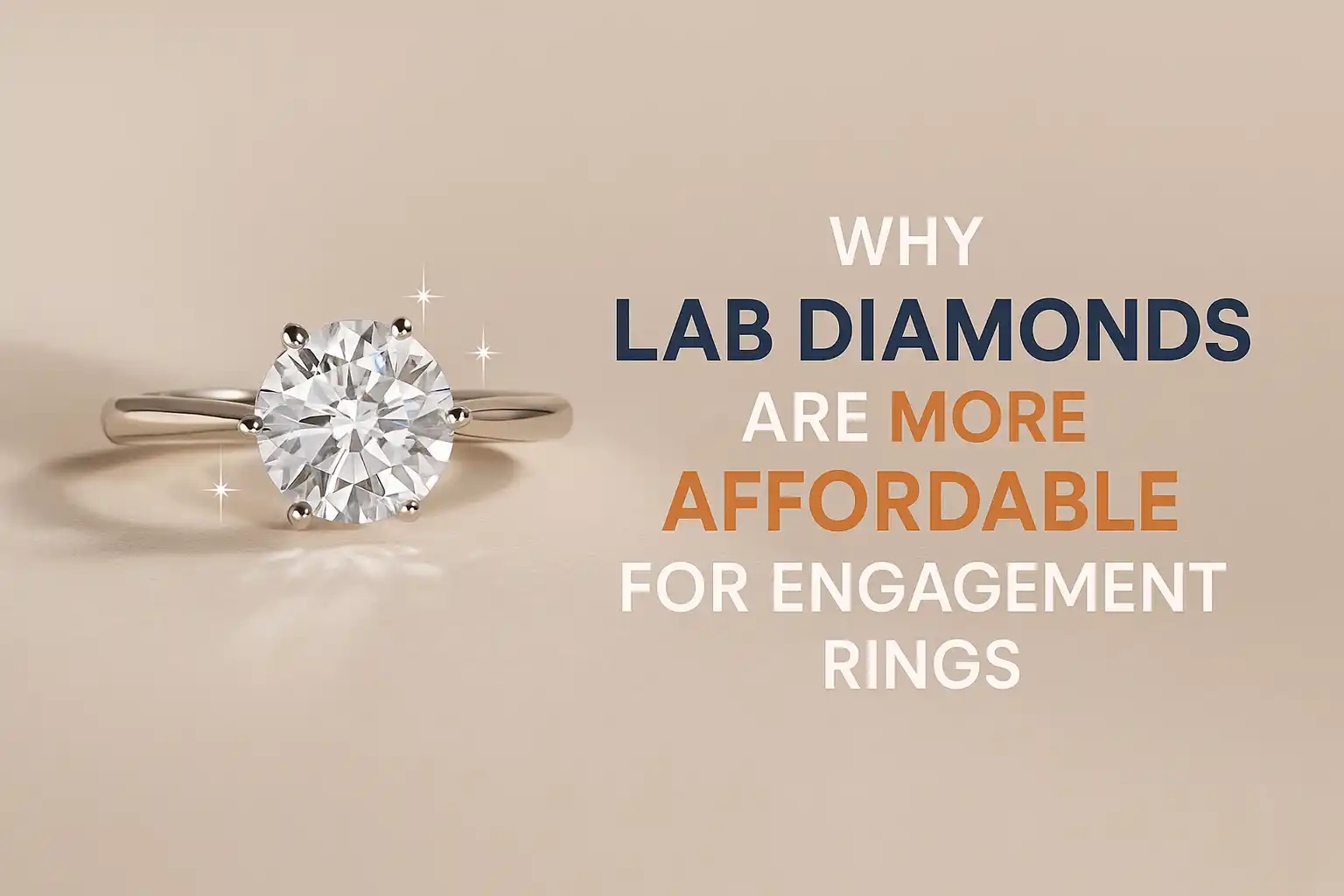 showing a stunning lab-grown diamond engagement ring on a soft neutral beige background