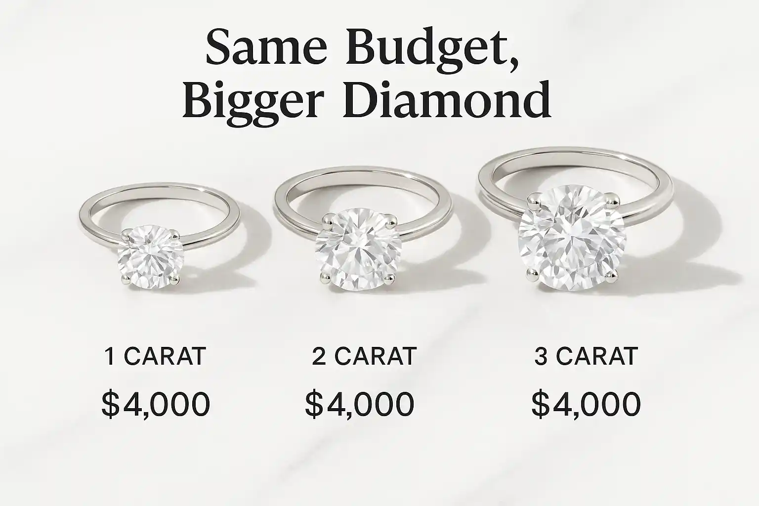 image showing three engagement rings of increasing sizes (1 carat, 2 carat, 3 carat) all labeled with the same price