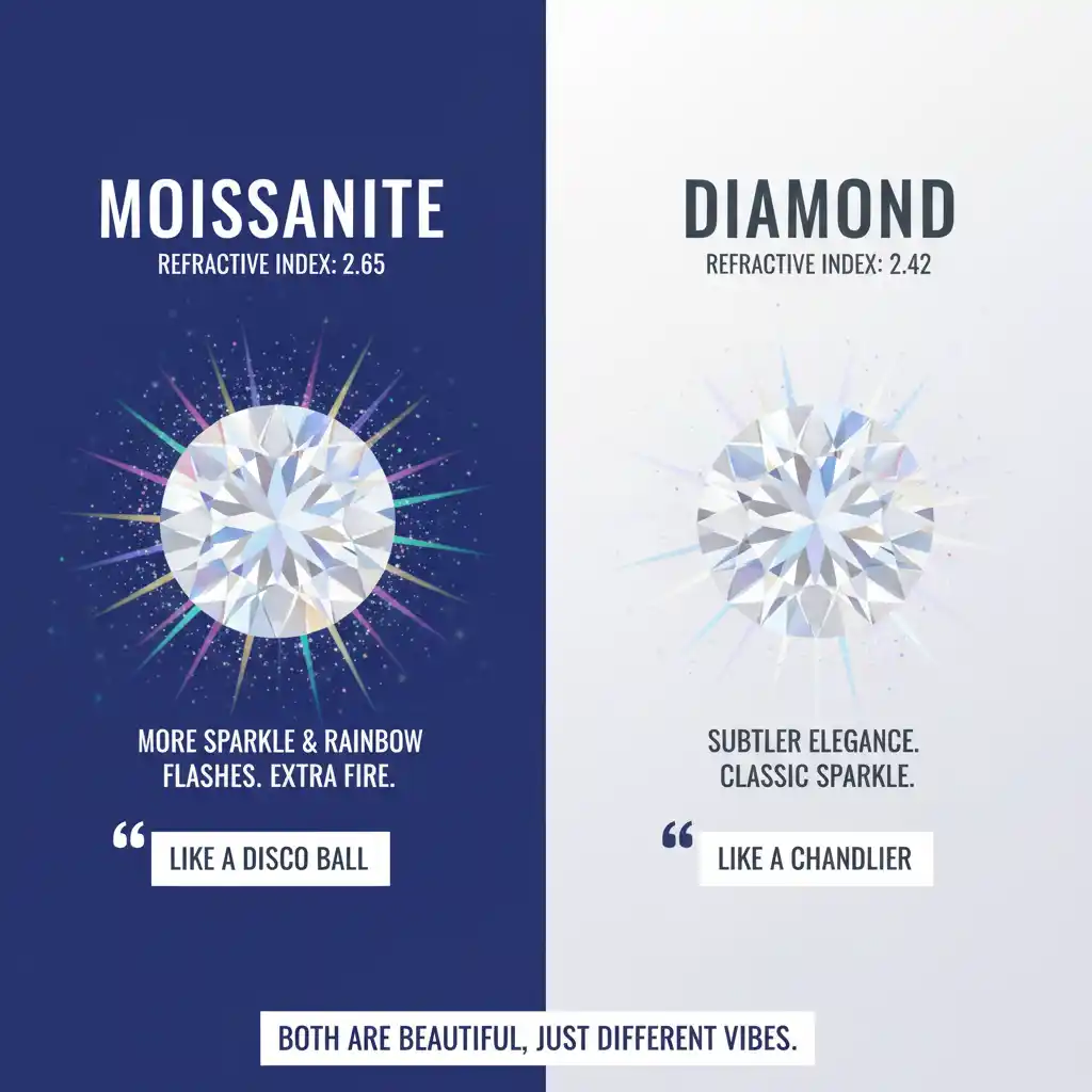 comparing Moissanite and Diamond sparkle